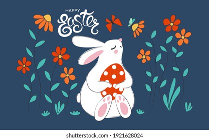 Ein süßer Hase hält ein rotes Ei. Osterkarte im skandinavischen Stil, flache Vektorgrafik. Fröhliche Ostern, Blumen und Schmetterlinge.