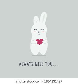 Cute hare holds a pink heart in paws. Phrase always miss you. Vector illustration in doodle style hand drawing on blue background. Happy Valentines Day. February card or poster, valentine