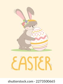 Cute hare hugging a decorated egg. Vector cartoon Easter gift card.