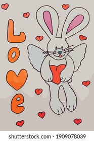 cute hare in the image of an angel hold a heart in its paws