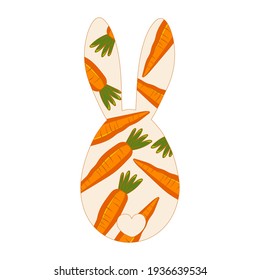 A cute hare with long ears sits with its back on a white background. Rabbit with carrots. Easter bunny applique. Vector graphics.