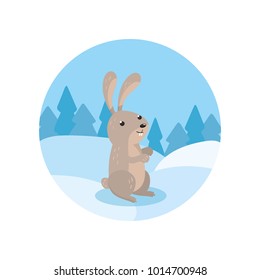 Cute hare on the background of winter landscape vector Illustratio, cartoon style