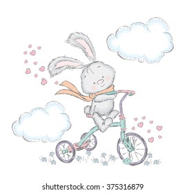 Cute hare on a bicycle. Bunny in the vector.  Vector illustration for greeting card, poster, or print on clothes.