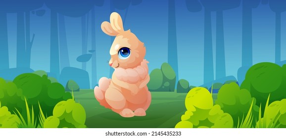 Cute hare on glade in forest. Funny rabbit or jackrabbit on spring lawn with green grass and bushes. Vector cartoon illustration of summer woods landscape with fluffy wild animal, bunny