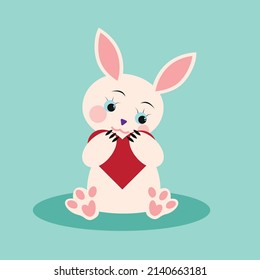 Cute hare on a green background with a red heart
