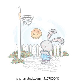 Cute hare playing basketball. Vector illustration for a card or poster.