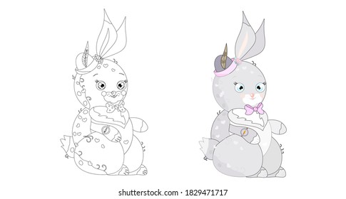 Cute hare, rabbit, bunny. Vector illustration for childrens coloring page, print, stamp, tattoo.