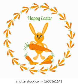 Cute hare rabbit with carrot on a white background. Funny cute childish character rabbit hare for Easter card, children's backgrounds ets.