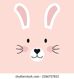 Cute hare or rabbit face, muzzle, animal head, portrait. Nursery character card for childish design of wrapping paper, fabric, textile, poster, graphic, print. Scandinavian cartoon vector illustration