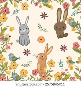 Cute hare rabbit in flower and leaf frame cartoon seamless pattern