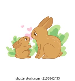 Cute Hare, rabbit and fluffy baby animal character vector illustration, cartoon characters with babies on white background. Pets