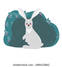 Cute hare, rabbit on the background of plants. Hand drawn illustration in scandinavian style.