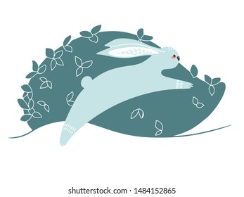 Cute hare, rabbit on the background of plants. Hand drawn illustration in scandinavian style.