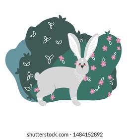 Cute hare, rabbit on the background of plants. Hand drawn illustration in scandinavian style.