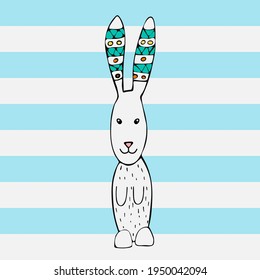 Cute hare, rabbit on the background of plants. Hand drawn illustration in scandinavian style.