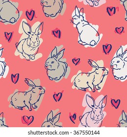 Cute hare, rabbit sketch vector illustration seamless. pattern