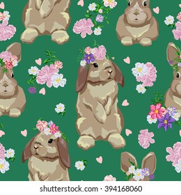 Cute hare, rabbit sketch vector illustration seamless, pattern. vector illustration cute bunny. rabbit with a floral wreath. Background texture 
