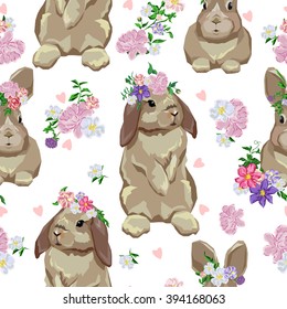 Cute hare, rabbit sketch vector illustration seamless, pattern. vector illustration cute bunny. rabbit with a floral wreath. Background texture 