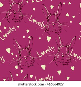 Cute hare, rabbit sketch vector illustration seamless. pattern. vector illustration cute bunny rabbit heart, design greeting card for valentine's day
