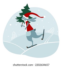 Cute liebre con sombrero rojo y bufanda esquiando. Bunny con árboles de navidad esquiando en el parque. Ilustración para niños.
