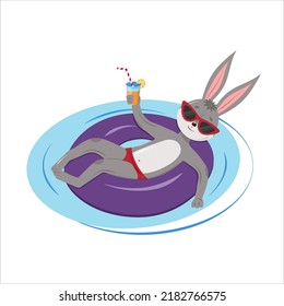 Cute Hare Relaxing With A Swimming Lap In The Pool. Vector Illustration. For T-shirts, Stickers, Calendars, Backgrounds, Flyers, Books. Flat Cartoon Style.