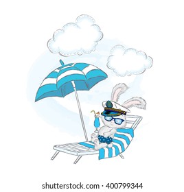 Cute hare resting on the beach. Vector illustration. Print for covers, greeting cards, posters or clothing. 