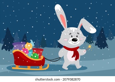 Cute hare in a santa hat carrying christmas gifts on a sleigh