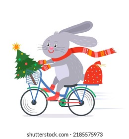 A cute hare in a scarf and mittens rides a bicycle with a Christmas tree and a bag full of gifts. new year 2023 concept. year of the rabbit vector illustration isolated on white background