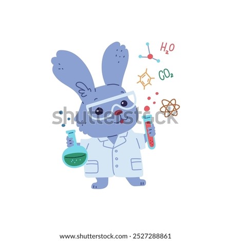 Cute hare scientist holds lab tubes of chemicals. Cartoon laboratory scientist rabbit in glasses and white coat. Vector flat illustration animal doctor character with chemical formulas, molecules