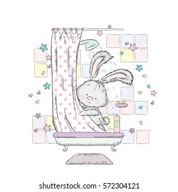Cute hare in the shower. Vector illustration. Rabbit is bathed in the bath.