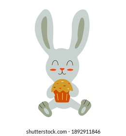 Cute hare sits and holds an Easter cake in his paws. Colorful cartoon vector illustration isolated. Happy Easter. Traditional food and symbol for the Orthodox and Catholic holidays