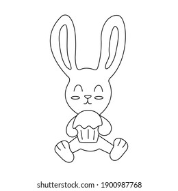 Cute hare sits and holds an Easter cake in his paws. Black and white doodle vector illustration isolated. Happy Easter. Traditional food and symbol for the Orthodox and Catholic holidays