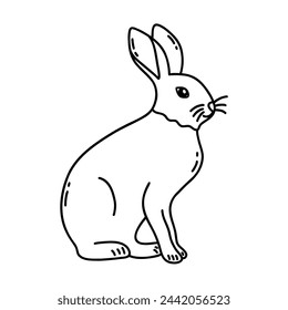Cute hare sits and smiles. Adorable rabbit, wild forest animal. Easter symbol. Black and white vector isolated illustration hand drawn doodle icon clip art