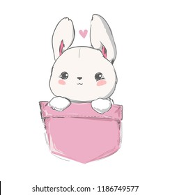 Cute hare sitting in a pocket. Hand Drawn Rabbit