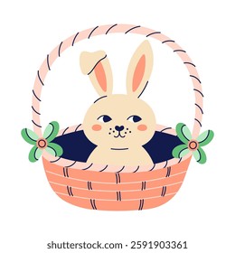 Cute hare sitting in wicker basket. Happy Easter hand drawn card. Flat illustration with partial outline. Isolated vector illustration.