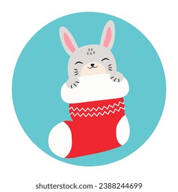 Cute hare sleeps in a Christmas stocking. Happy Holidays. Winter animal. Vector illustration.