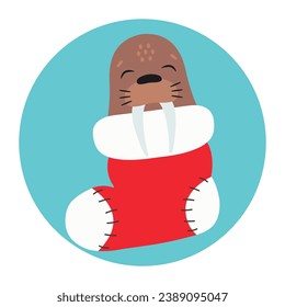 Cute hare sleeps in a Christmas stocking. Happy Holidays. Winter animal. Vector illustration.