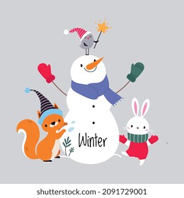 Cute Hare and Squirrel Animal with Snowman Wearing Scarf Enjoying Winter Season Vector Illustration