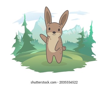 Una linda liebre sobre un césped forestal, un paisaje montañoso al fondo. Ilustración vectorial, aislada en blanco.