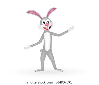 Cute hare standing on the ground and shadow isolated on white.