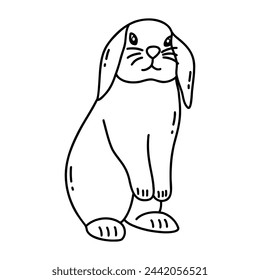 Linda liebre se para en patas traseras con orejas colgando. Adorable conejo, animal salvaje del bosque. Símbolo de Pascua. Ilustración aislada de vector en blanco y negro dibujado a mano doodle