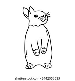 La liebre linda se para en las patas traseras. Adorable conejo, animal salvaje del bosque. Símbolo de Pascua. Ilustración aislada de vector en blanco y negro dibujado a mano Icono de garabato