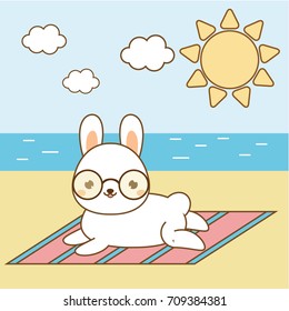 Cute hare sunbathing. Kawaii rabbit on the beach. White bunny lying on seashore. Summer holidays theme