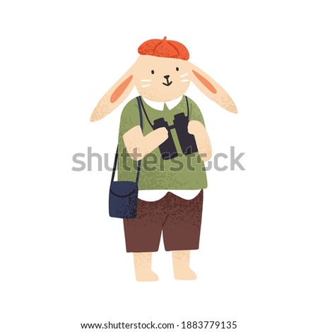 Cute hare tourist with binoculars at excursion or tour vector flat illustration. Funny childish bunny admiring sightseeing isolated on white. Amusing rabbit enjoying trip or vacation