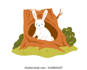 Cute hare in trunk hole. Little forest animal inside woods shelter, tree hollow. Funny adorable wild character in house. Childish flat vector illustration isolated on white background