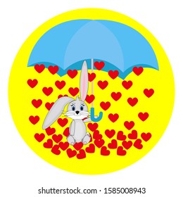 Cute hare with an umbrella and falling hearts on a yellow circle isolated on white background. Stock vector illustration for decoration and design, postcards, posters, fabrics, for Valentine's day