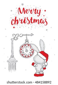 Cute hare under the clock. New Year card. Christmas. Vector illustration. Lettering.