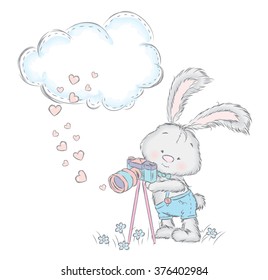 Cute hare in the vector. Rabbit with a camera. Vector illustration for greeting card, poster, or print on clothes.