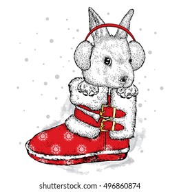 Cute hare in winter boots and headphones. Vector illustration for greeting card, poster, or print on clothes. New Year's and Christmas.