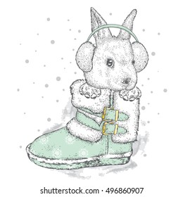 Cute hare in winter boots and headphones. Vector illustration for greeting card, poster, or print on clothes. New Year's and Christmas.